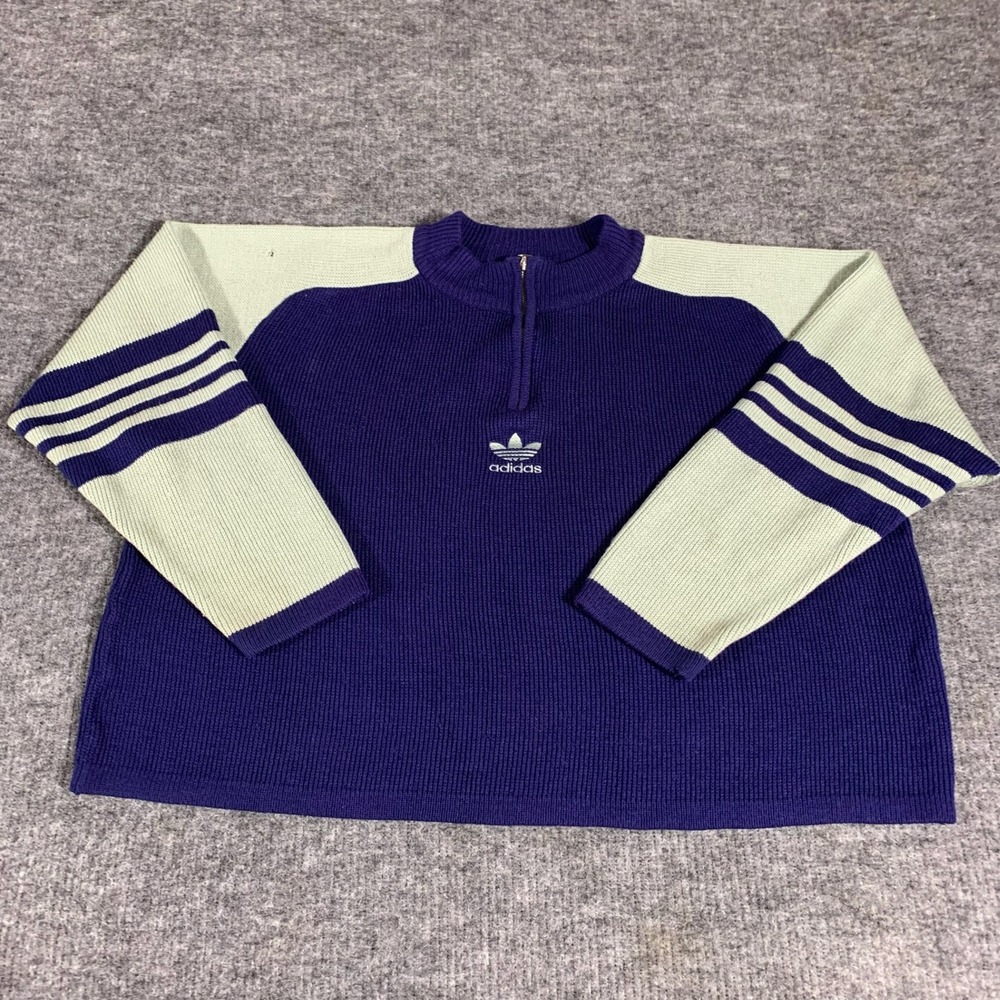 Vintage Adidas Sweater Mens Large Blue Trefoil Ribbed Quarter Zip 90s Jumper